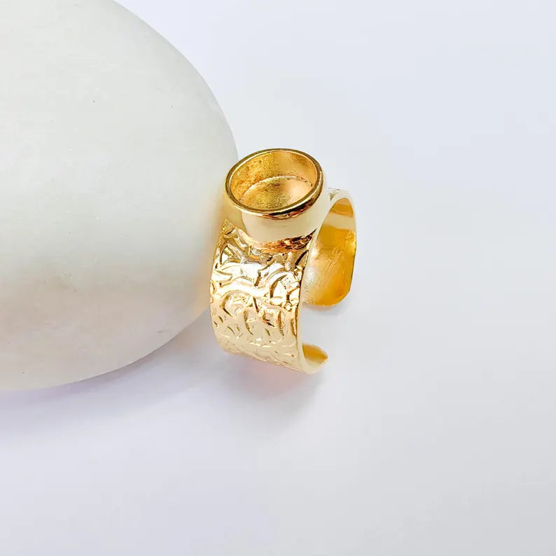 Round Bezel Adjustable Ring Base, 8mm Setting, 24K Shiny Gold Color Adjustable Blank, G38102