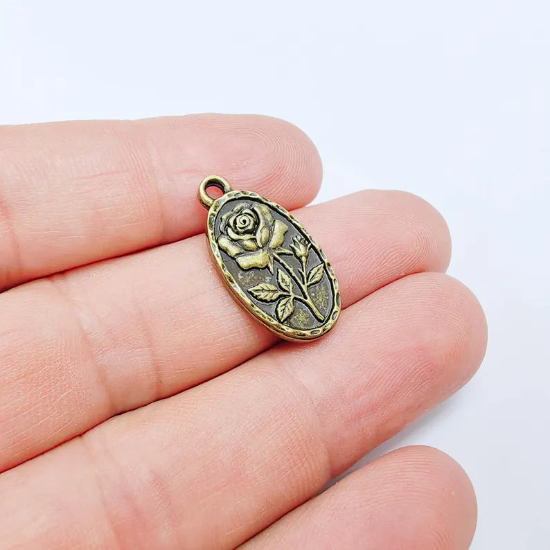 Rose Oval Charm Pendant, Double Sided Botanical Design, Antique Bronze Plated, 25x13mm, G38104