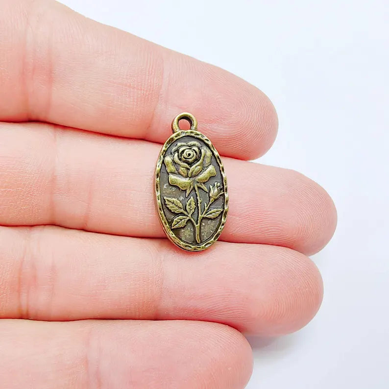 Rose Oval Charm Pendant, Double Sided Botanical Design, Antique Bronze Plated, 25x13mm, G38104