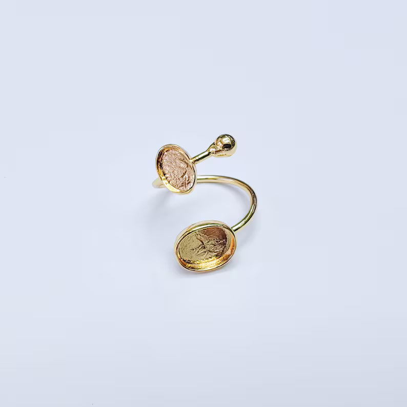 Double Bezel Adjustable Ring, Oval Settings 11x8mm & 8x6mm, 24K Gold Color Ring Blank, G38105