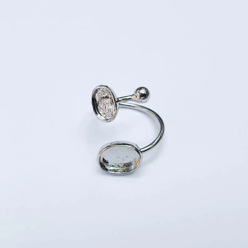 Shiny Silver Ring Setting, Cabochon Blank, Resin Bezel, Mounting, Epoxy Frame Base, Adjustable Silver Plated Brass 11x8mm & 8x6mm G38107