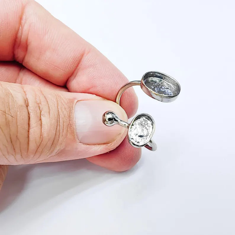 Shiny Silver Ring Setting, Cabochon Blank, Resin Bezel, Mounting, Epoxy Frame Base, Adjustable Silver Plated Brass 11x8mm & 8x6mm G38107