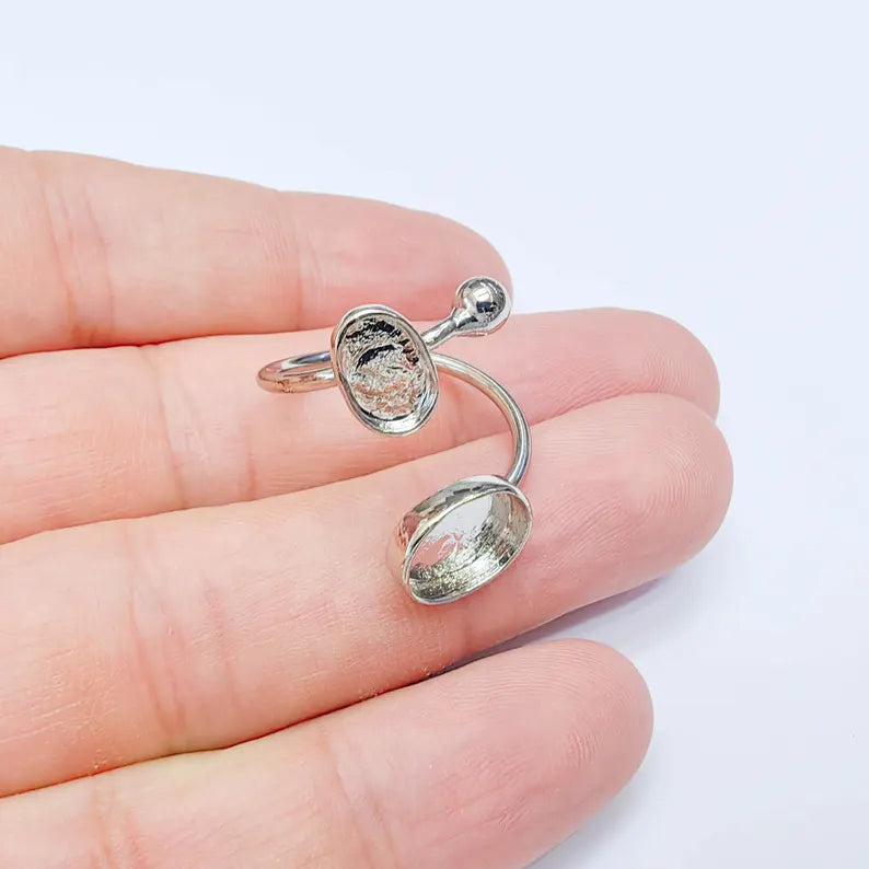 Shiny Silver Ring Setting, Cabochon Blank, Resin Bezel, Mounting, Epoxy Frame Base, Adjustable Silver Plated Brass 11x8mm & 8x6mm G38107