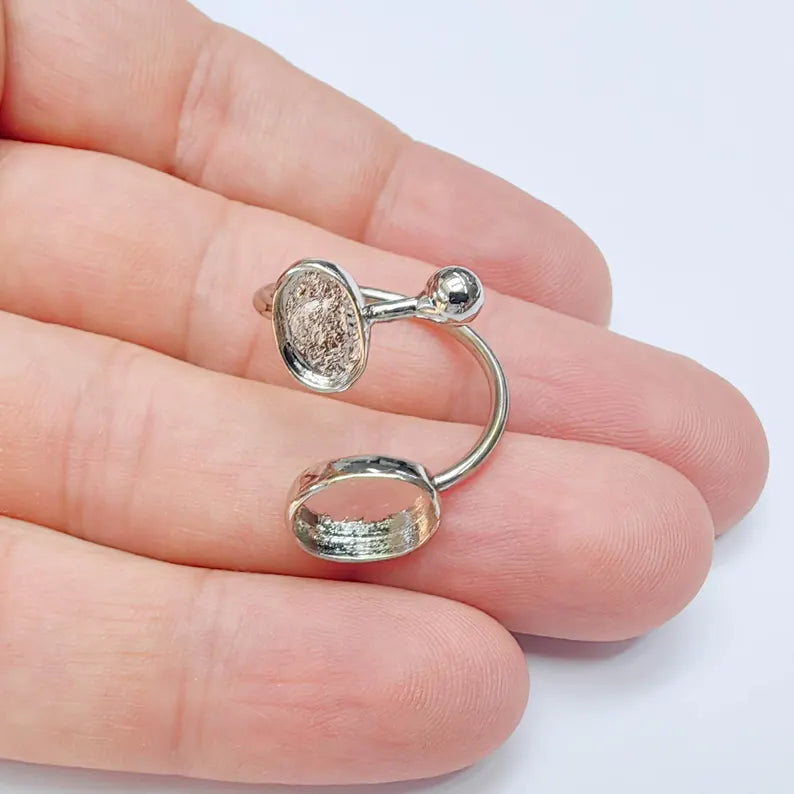 Shiny Silver Ring Setting, Cabochon Blank, Resin Bezel, Mounting, Epoxy Frame Base, Adjustable Silver Plated Brass 11x8mm & 8x6mm G38107