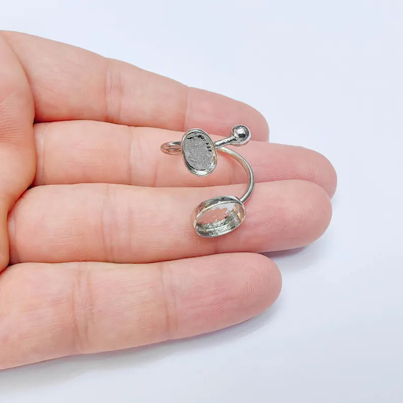 Shiny Silver Ring Setting, Cabochon Blank, Resin Bezel, Mounting, Epoxy Frame Base, Adjustable Silver Plated Brass 11x8mm & 8x6mm G38107