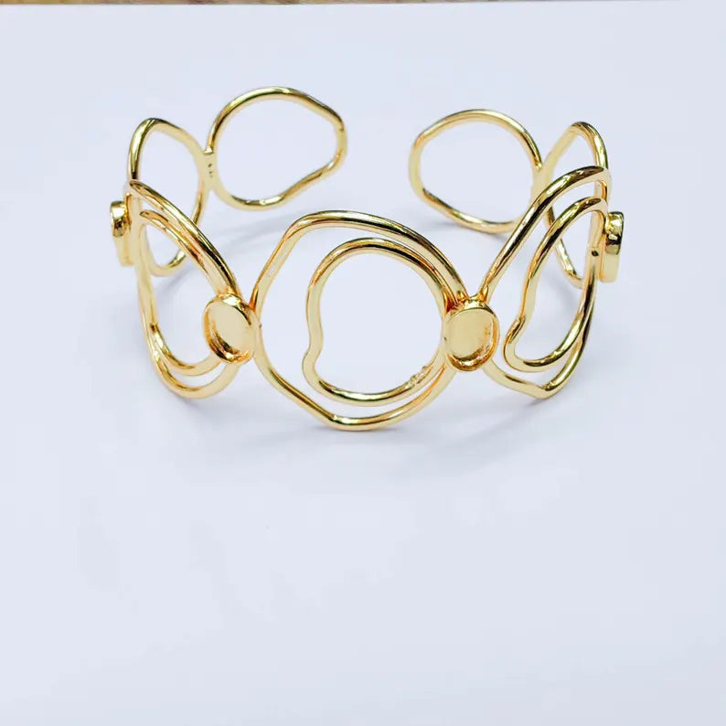 Abstract Cuff Bracelet Base, Adjustable Bracelet Blank, 8x6mm Oval Setting, 24K Gold Color, G38108