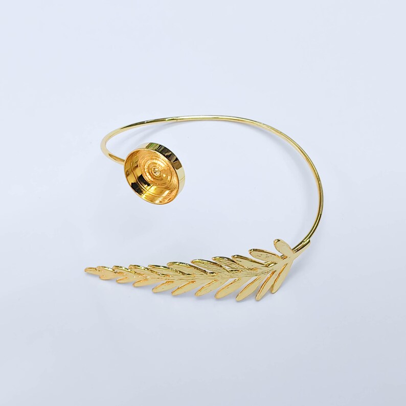 Leaf Cuff Bracelet Base, Adjustable Bracelet Blank, 14mm Round Bezel, 24K Gold Color, G38109