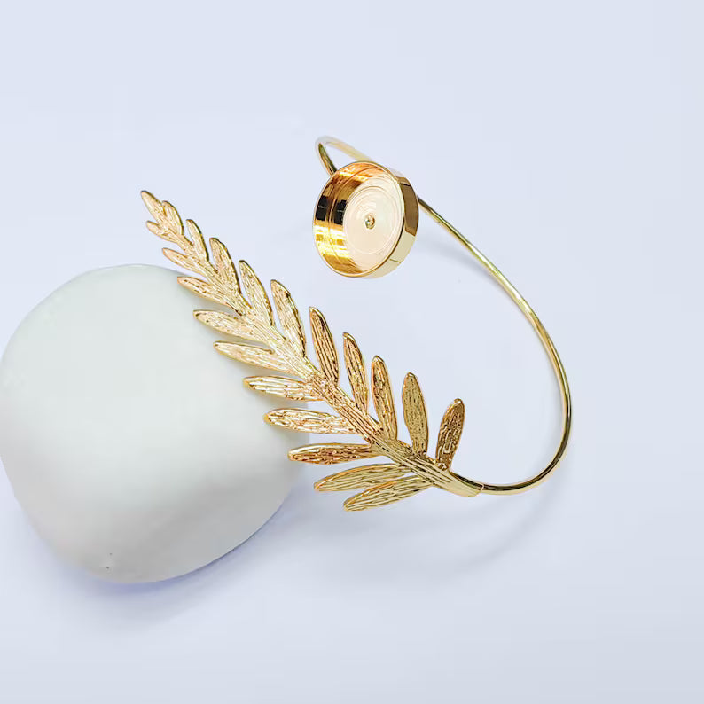 Leaf Cuff Bracelet Base, Adjustable Bracelet Blank, 14mm Round Bezel, 24K Gold Color, G38109