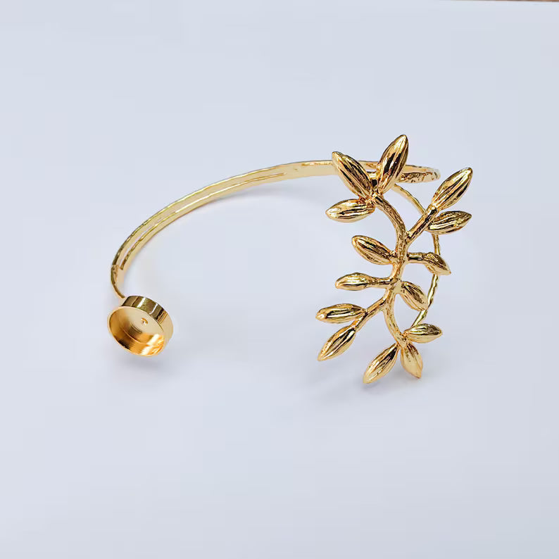 Botanical Leaf Cuff Bracelet Base, Adjustable Bracelet Blank, 10mm Round Bezel, 24K Gold Color G38106