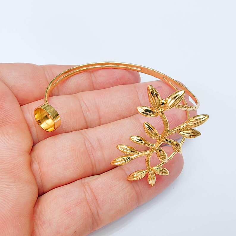 Botanical Leaf Cuff Bracelet Base, Adjustable Bracelet Blank, 10mm Round Bezel, 24K Gold Color G38106