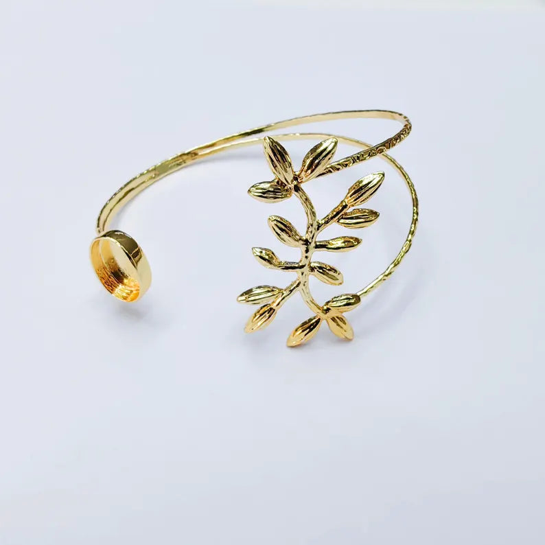 Botanical Leaf Cuff Bracelet Base, Adjustable Bracelet Blank, 14x10mm Oval Bezel, 24K Gold Color G38112