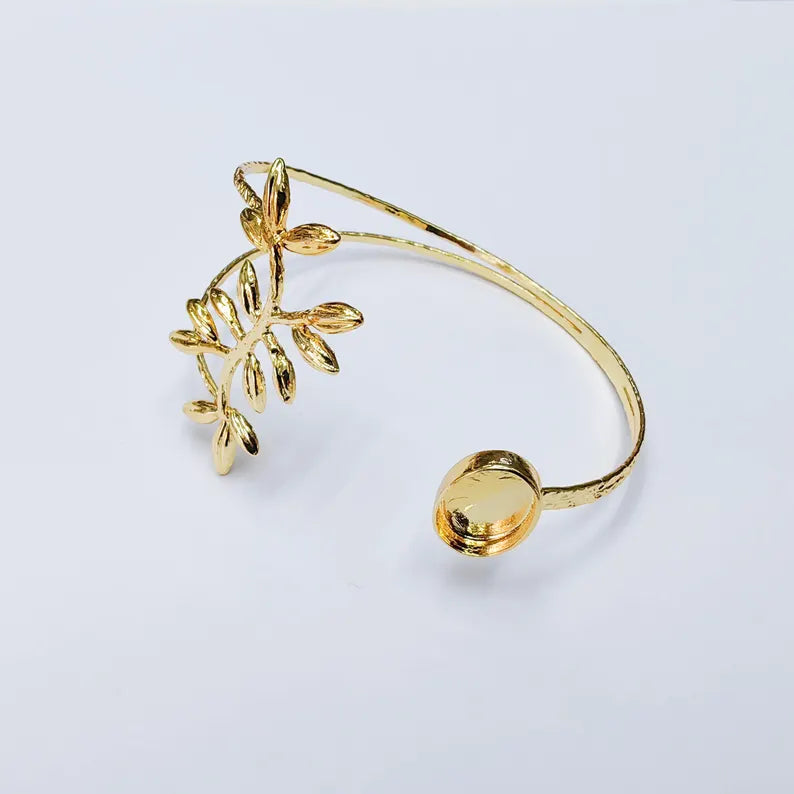 Botanical Leaf Cuff Bracelet Base, Adjustable Bracelet Blank, 14x10mm Oval Bezel, 24K Gold Color G38112