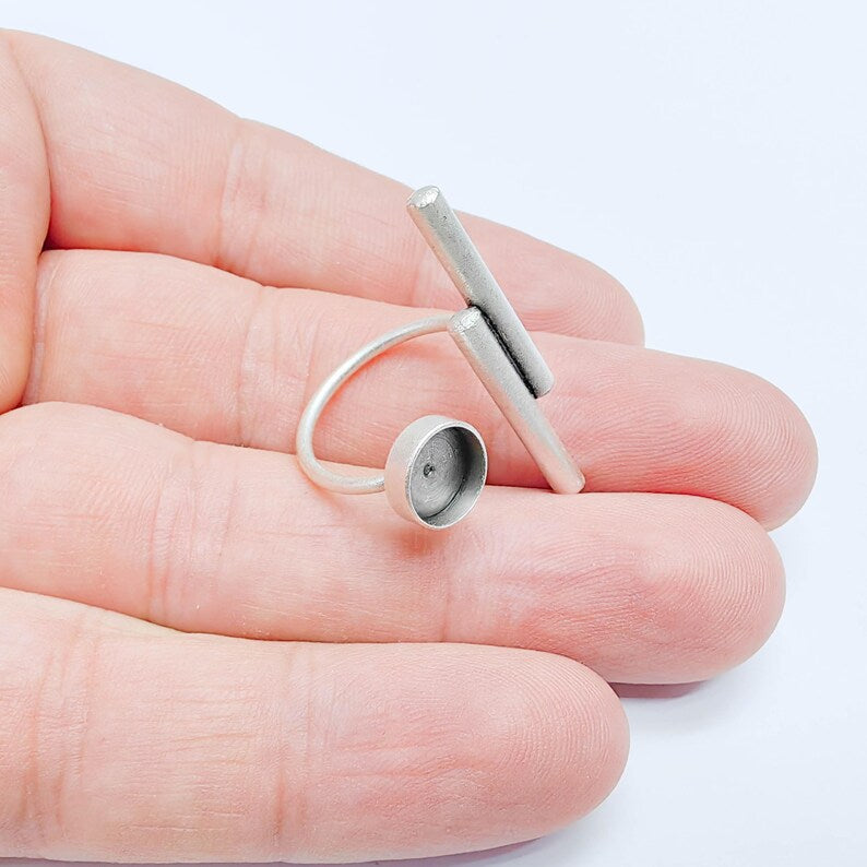 Adjustable Bar Ring Blank 8mm Bezel, Cabochon Setting, Antique Silver Plated Brass Base G38074