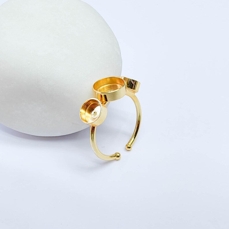 Triple Bezel Adjustable Ring, Round Settings 8mm, 6mm, 24K Gold Color Ring Blank, G38075