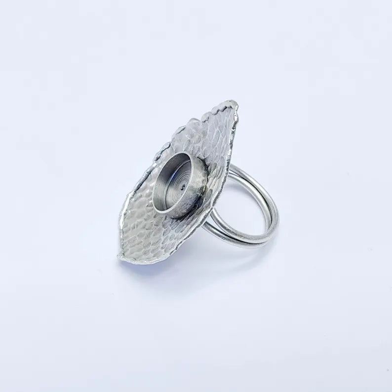 Organic Textured Ring Blank 12mm Bezel, Artisan Cabochon Setting, Adjustable Silver Plated Brass G38076
