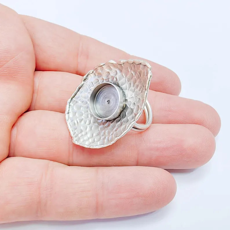 Organic Textured Ring Blank 12mm Bezel, Artisan Cabochon Setting, Adjustable Silver Plated Brass G38076