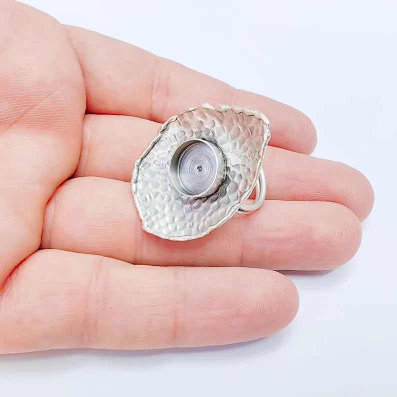 Organic Textured Ring Blank 12mm Bezel, Artisan Cabochon Setting, Adjustable Silver Plated Brass G38076