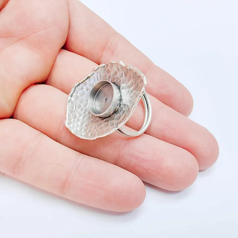 Organic Textured Ring Blank 12mm Bezel, Artisan Cabochon Setting, Adjustable Silver Plated Brass G38076