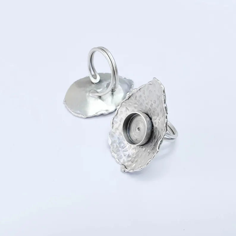 Organic Textured Ring Blank 12mm Bezel, Artisan Cabochon Setting, Adjustable Silver Plated Brass G38076