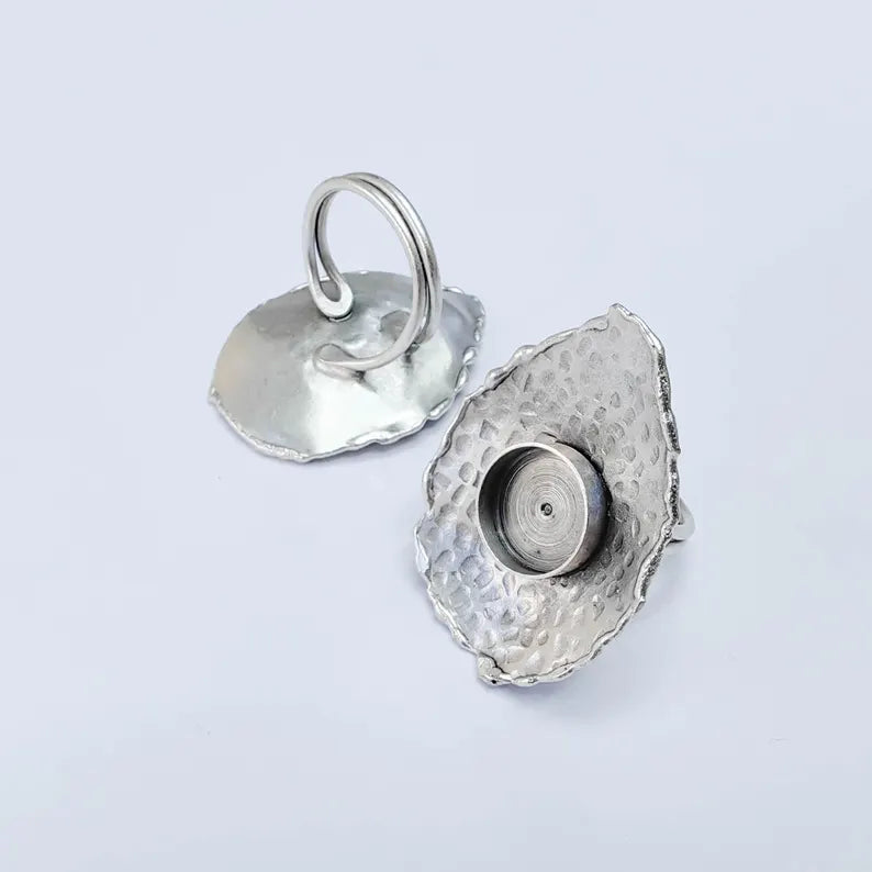 Organic Textured Ring Blank 12mm Bezel, Artisan Cabochon Setting, Adjustable Silver Plated Brass G38076
