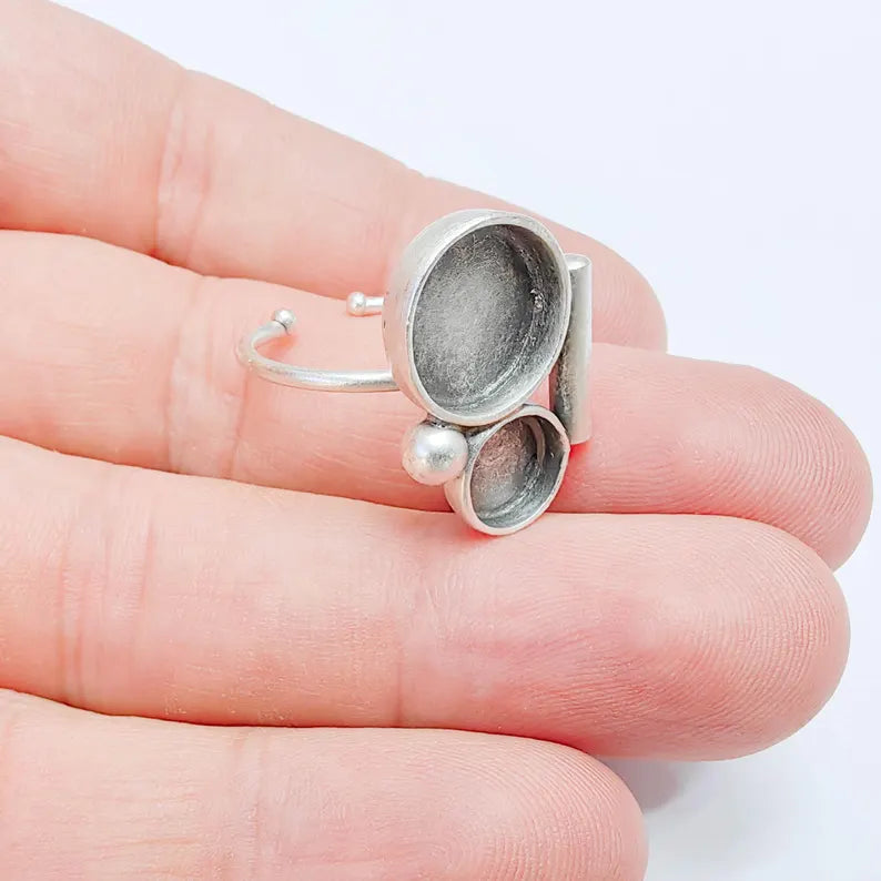 Double Bezel Bar Ring Blank Settings, Base, 12mm, 8mm Adjustable Silver Plated Brass G38077