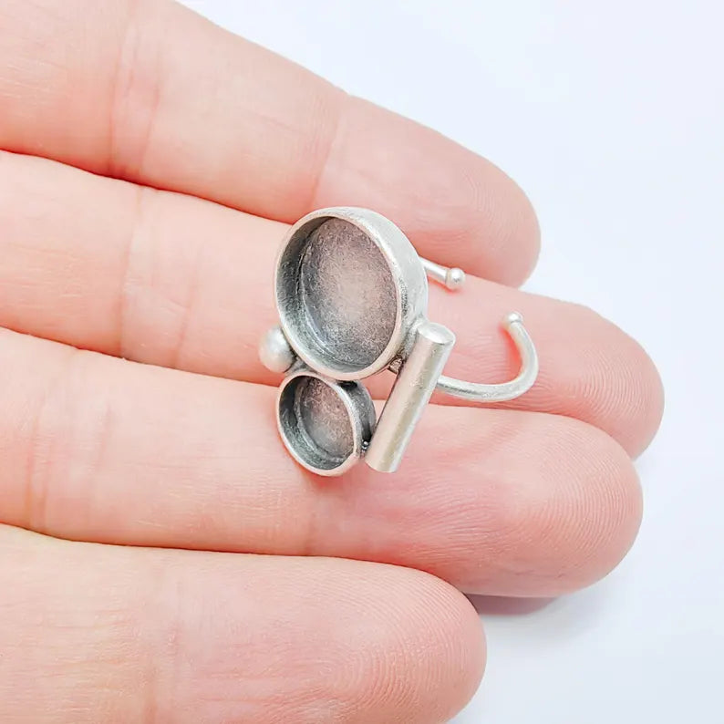 Double Bezel Bar Ring Blank Settings, Base, 12mm, 8mm Adjustable Silver Plated Brass G38077