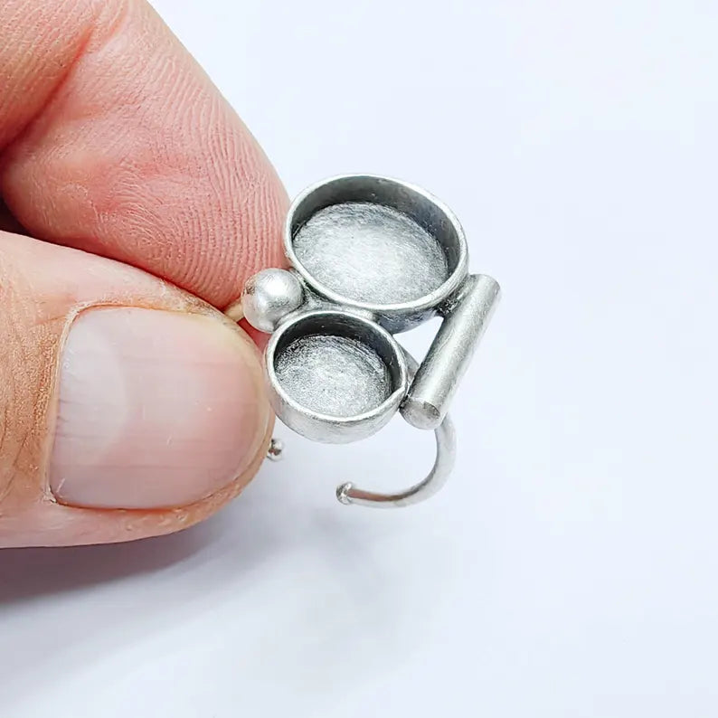 Double Bezel Bar Ring Blank Settings, Base, 12mm, 8mm Adjustable Silver Plated Brass G38077