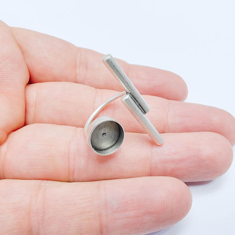Adjustable Bar Ring Blank 10mm Bezel, Cabochon Setting, Antique Silver Plated Brass Base G38082