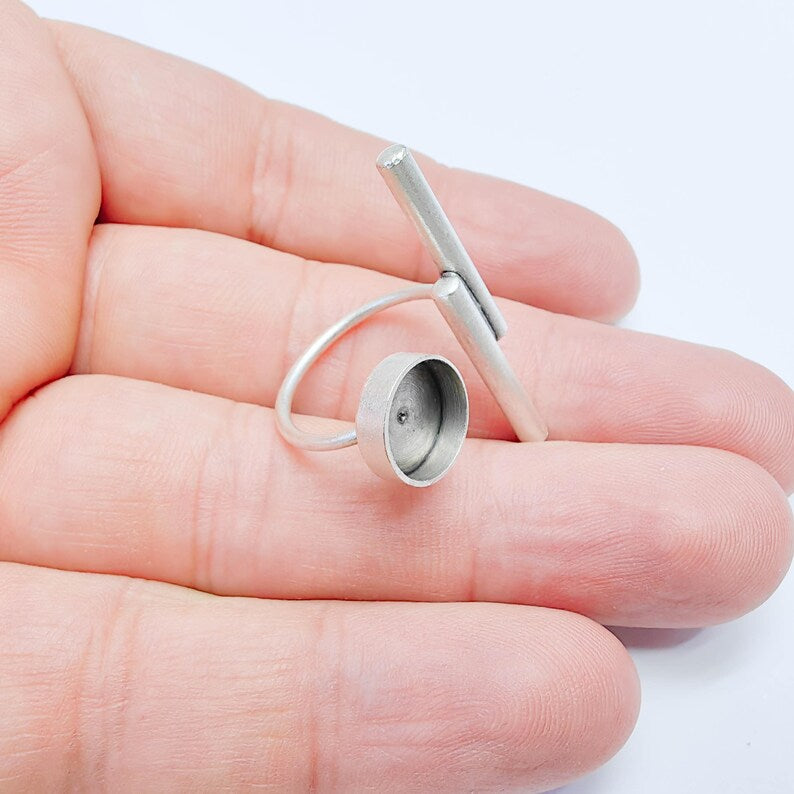Adjustable Bar Ring Blank 10mm Bezel, Cabochon Setting, Antique Silver Plated Brass Base G38082