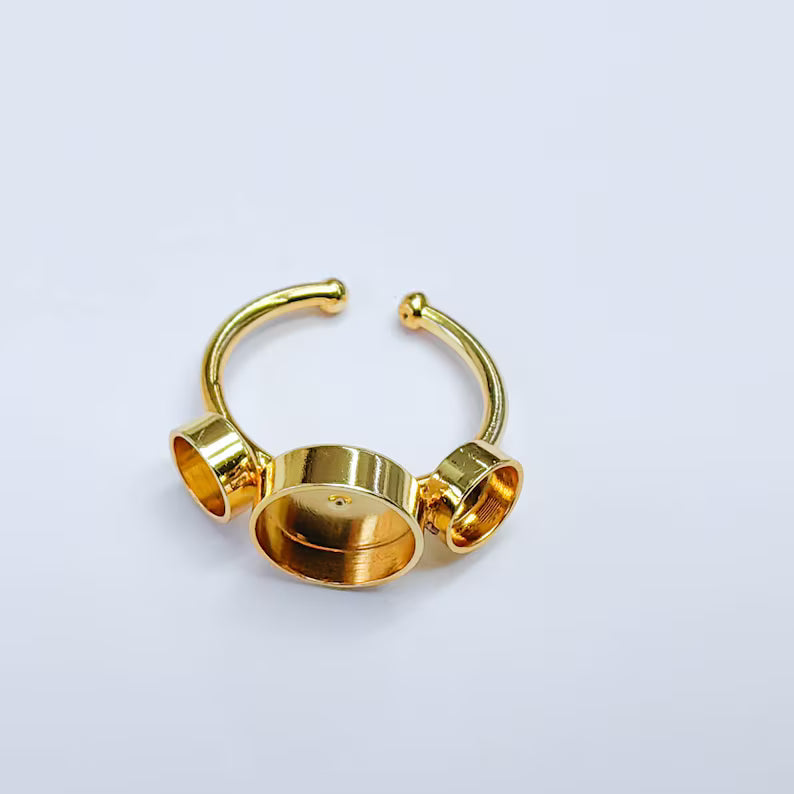 Triple Bezel Adjustable Ring, Round Settings 10mm, 6mm, 24K Gold Color Ring Blank, G38084