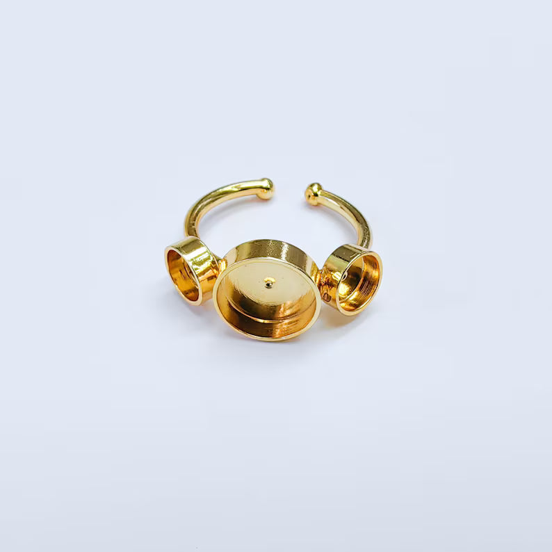 Triple Bezel Adjustable Ring, Round Settings 10mm, 6mm, 24K Gold Color Ring Blank, G38084