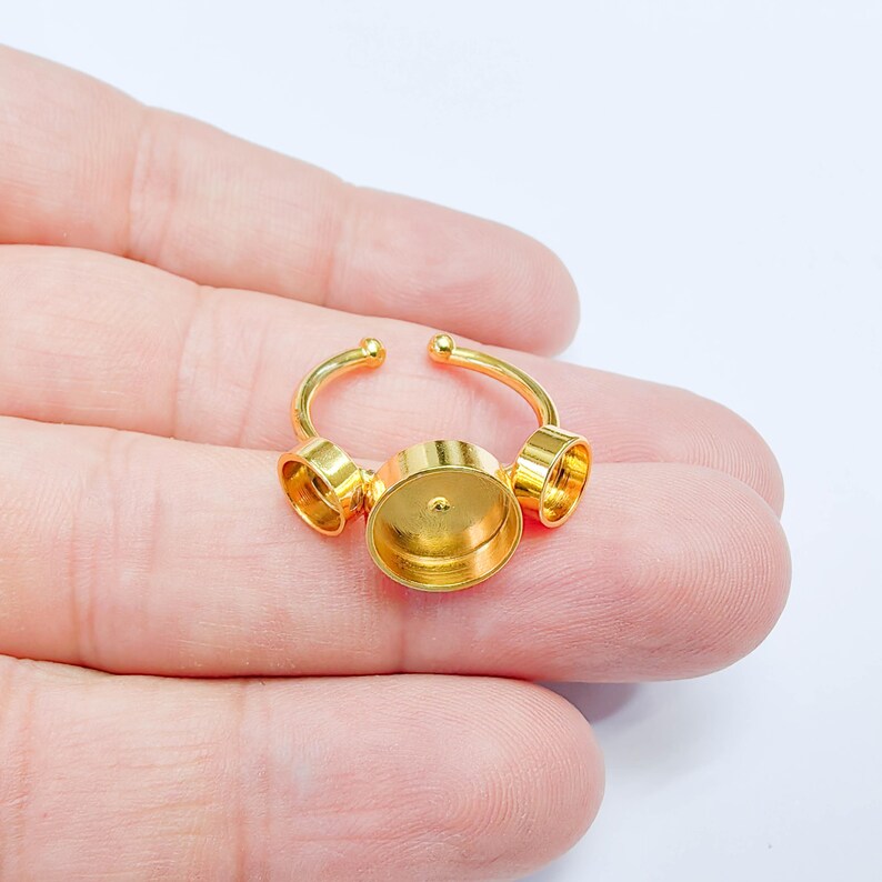 Triple Bezel Adjustable Ring, Round Settings 10mm, 6mm, 24K Gold Color Ring Blank, G38084
