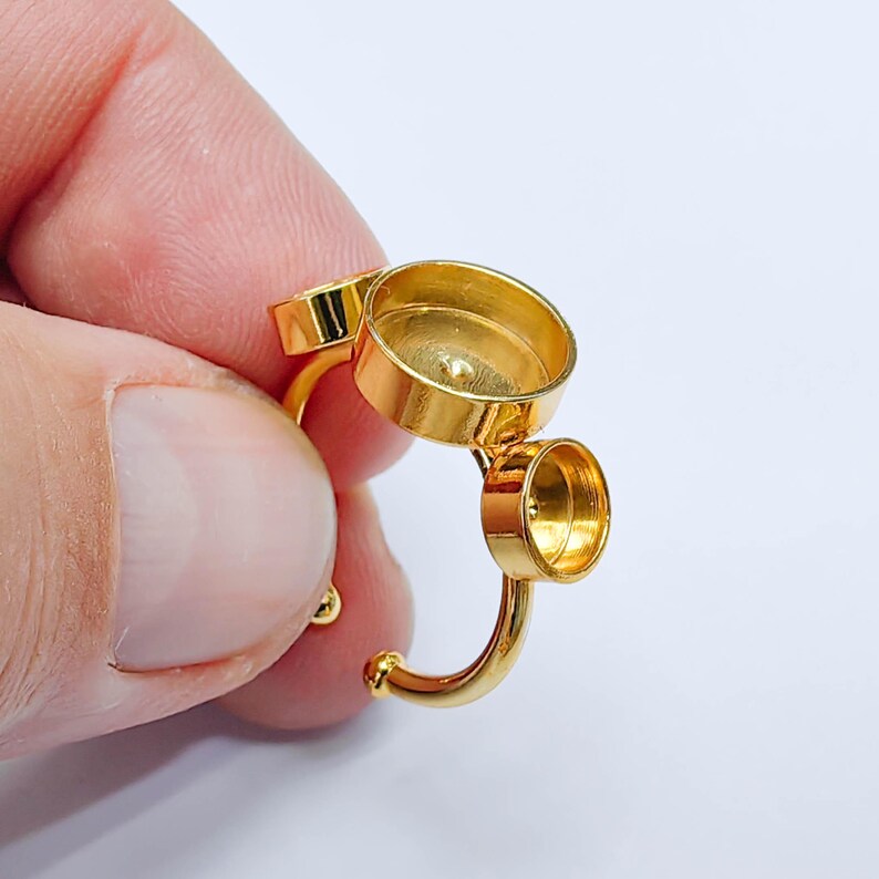 Triple Bezel Adjustable Ring, Round Settings 10mm, 6mm, 24K Gold Color Ring Blank, G38084