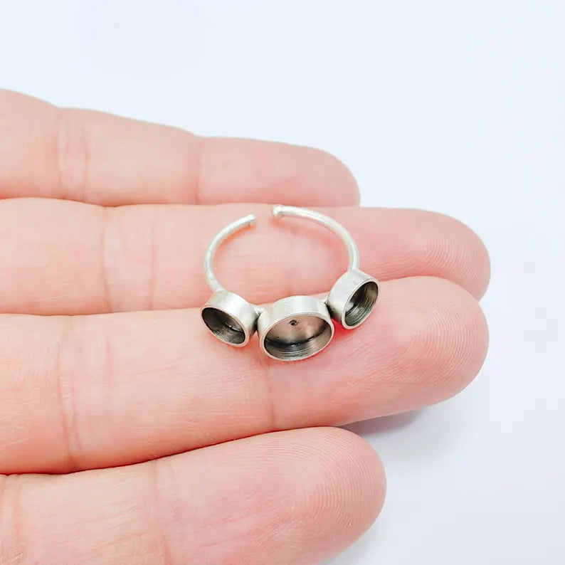 Triple Bezel Ring Blank, 6mm 8mm Settings, Adjustable Ring Base, Silver Plated Brass G38086