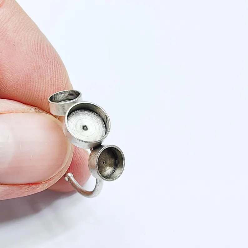 Triple Bezel Ring Blank, 6mm 8mm Settings, Adjustable Ring Base, Silver Plated Brass G38086