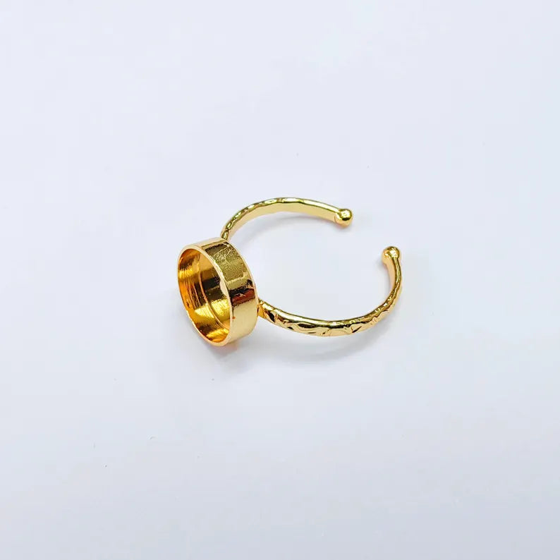Adjustable Ring Base, Round Bezel 10mm, Textured 24K Shiny Gold Ring, G38087
