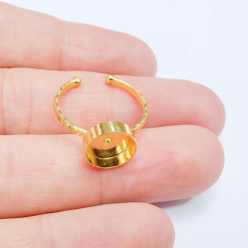 Adjustable Ring Base, Round Bezel 10mm, Textured 24K Shiny Gold Ring, G38087