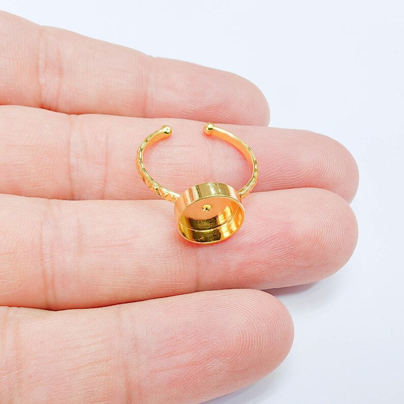 Adjustable Ring Base, Round Bezel 10mm, Textured 24K Shiny Gold Ring, G38087
