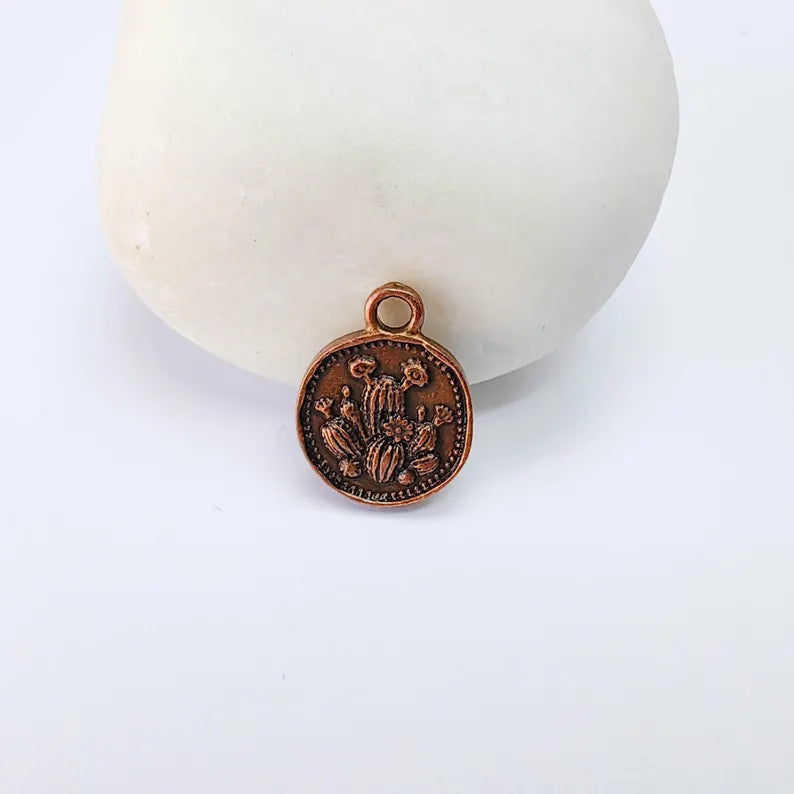 2 Cactus Round Charm Pendant, Double Sided Desert Design, Antique Copper Plated, 16x13mm, G38091