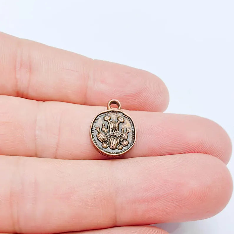 2 Cactus Round Charm Pendant, Double Sided Desert Design, Antique Copper Plated, 16x13mm, G38091