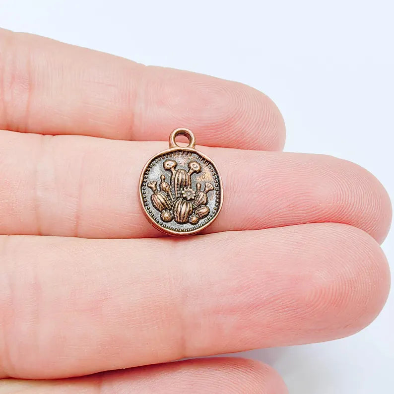 2 Cactus Round Charm Pendant, Double Sided Desert Design, Antique Copper Plated, 16x13mm, G38091