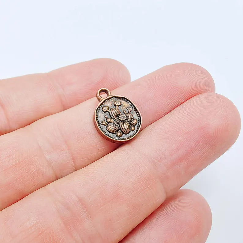 2 Cactus Round Charm Pendant, Double Sided Desert Design, Antique Copper Plated, 16x13mm, G38091