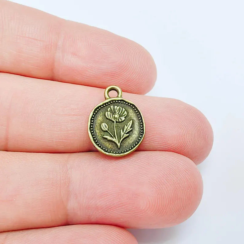2 Poppy Flower Charm, Double Sided Flower Pendant, Boho Antique Bronze Plated, 16x13mm G38092