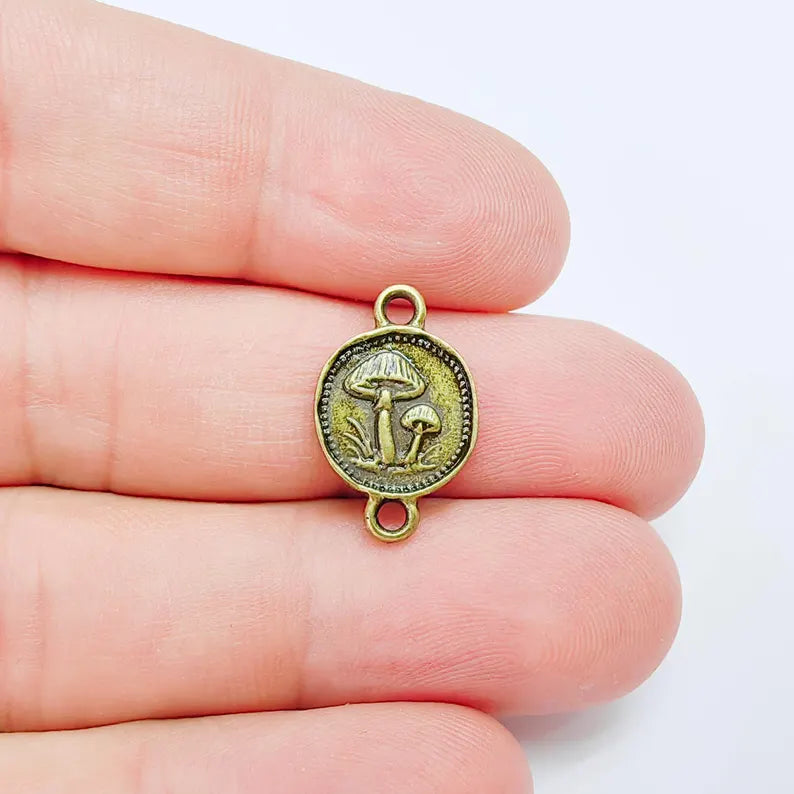 2 Mushroom Charm Connector, Double Sided Forest Nature Design, Antique Bronze Plated, 20x13mm, G38095