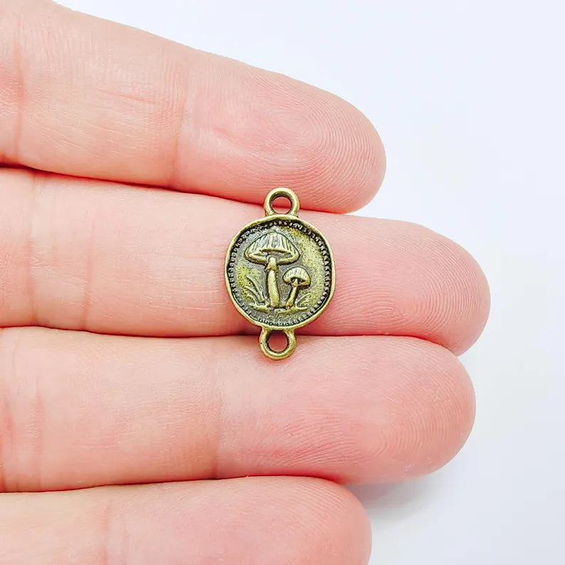 2 Mushroom Charm Connector, Double Sided Forest Nature Design, Antique Bronze Plated, 20x13mm, G38095