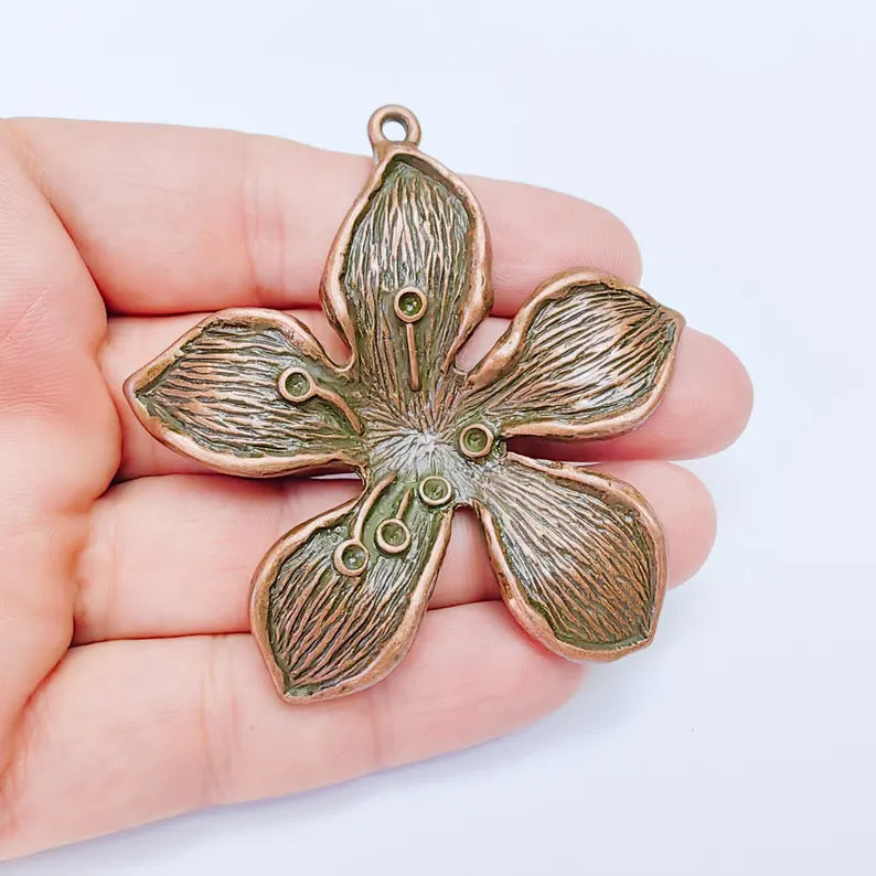 Large Five Petal Flower Pendant, Antique Copper Plated Orchid Blossom Charm, Textured Daisy Floral Jewelry Making Supplies (72x70mm) G38101
