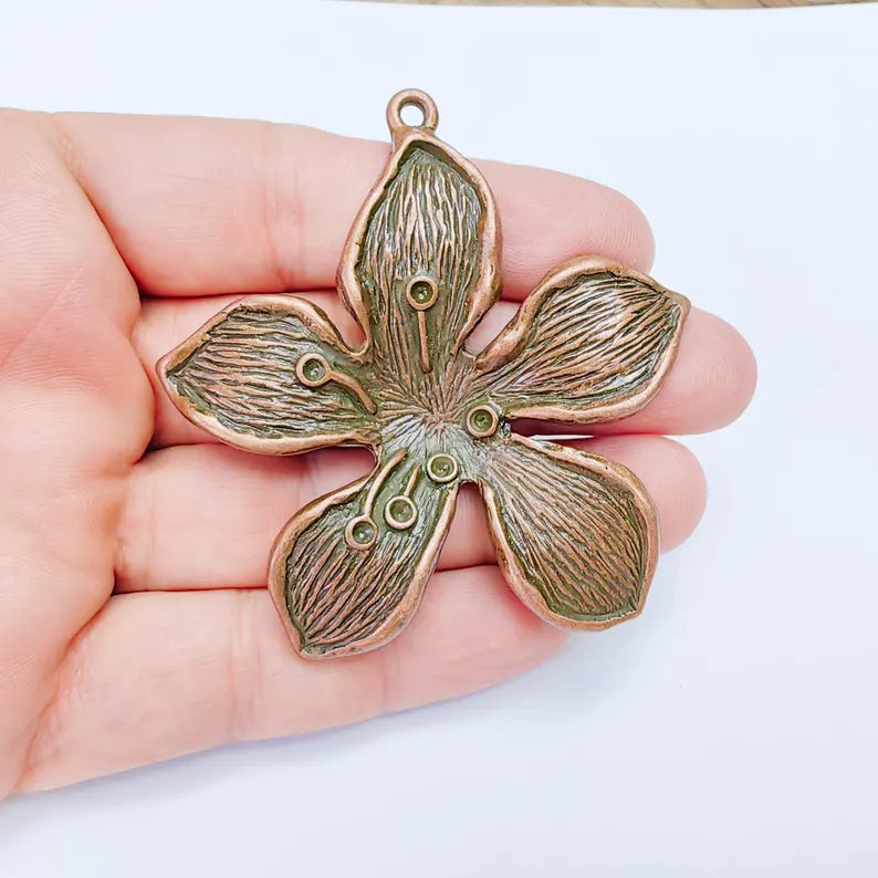 Large Five Petal Flower Pendant, Antique Copper Plated Orchid Blossom Charm, Textured Daisy Floral Jewelry Making Supplies (72x70mm) G38101
