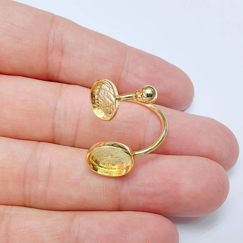 Double Bezel Adjustable Ring, Oval Settings 11x8mm & 8x6mm, 24K Gold Color Ring Blank, G38105