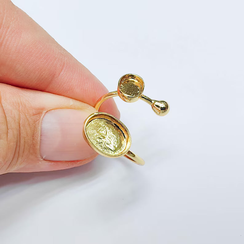 Double Bezel Adjustable Ring, Oval Settings 11x8mm & 8x6mm, 24K Gold Color Ring Blank, G38105