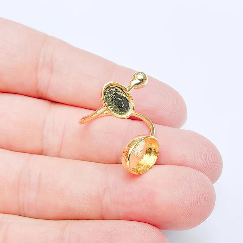 Double Bezel Adjustable Ring, Oval Settings 11x8mm & 8x6mm, 24K Gold Color Ring Blank, G38105